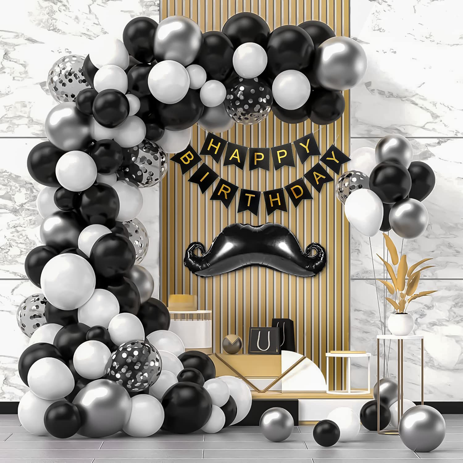 Black and White Birthday Party Decorations, Monochrome Balloon  GarlandHappy Birthday Banner ONLY
